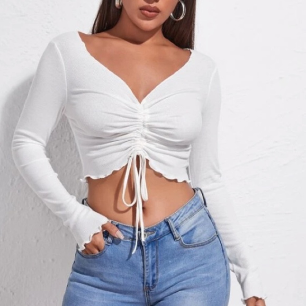 Lettuce Trim Drawstring Rushed Front Solid Tee